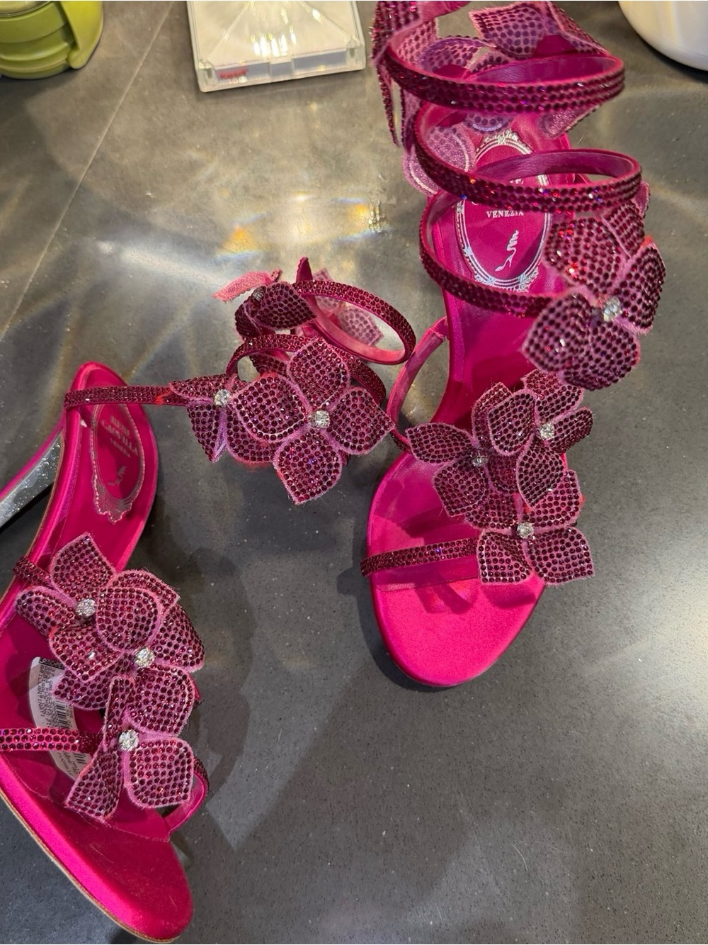 Rene caovilla Fuchsia Floral Rhinestone Strappy Sandals